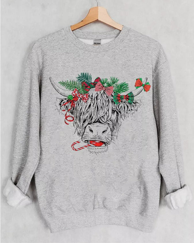 Christmas Cow Print Casual Crewneck Sweatshirt